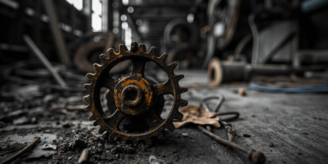 Rusted gear wheel on empty factory floor with silent machinery in background