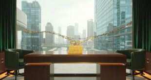 Golden investment documents on mahogany desk with German flag and financial charts in modern office with sleek towers