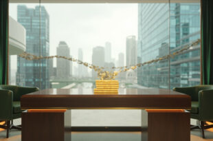 Golden investment documents on mahogany desk with German flag and financial charts in modern office with sleek towers