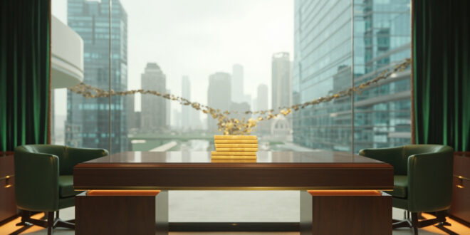 Golden investment documents on mahogany desk with German flag and financial charts in modern office with sleek towers