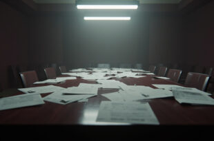 Empty conference table with budget papers and folders scattered across polished wood surface in government meeting room