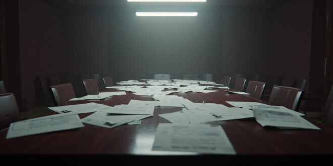 Empty conference table with budget papers and folders scattered across polished wood surface in government meeting room