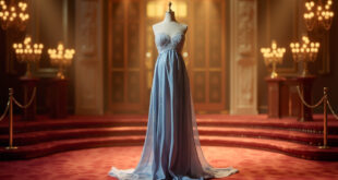 Dusty blue off-shoulder gown with sheer train displayed on dress form against golden cinema backdrop
