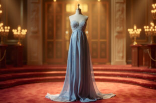 Dusty blue off-shoulder gown with sheer train displayed on dress form against golden cinema backdrop