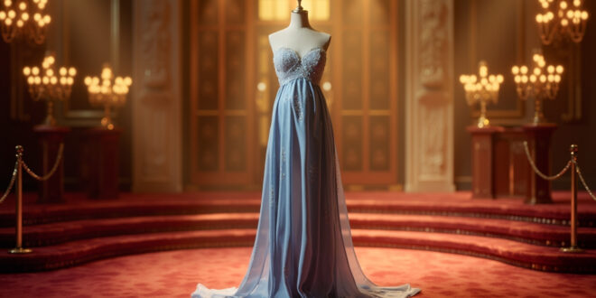 Dusty blue off-shoulder gown with sheer train displayed on dress form against golden cinema backdrop