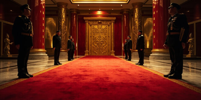 Red carpet extends through ornate Chinese state hall with golden decorative elements and military ceremonial setup