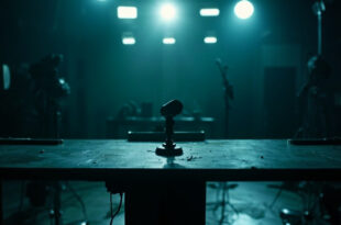 Empty television studio with single microphone on dark desk under dim studio lighting