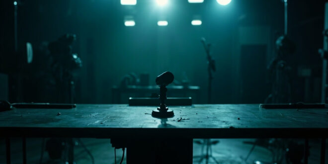 Empty television studio with single microphone on dark desk under dim studio lighting