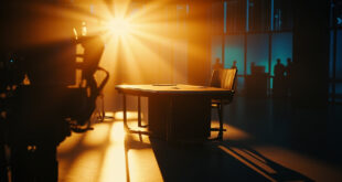 Empty news anchor desk in television studio with morning lighting and professional broadcast equipment