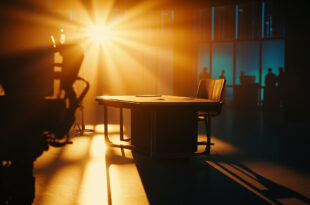 Empty news anchor desk in television studio with morning lighting and professional broadcast equipment