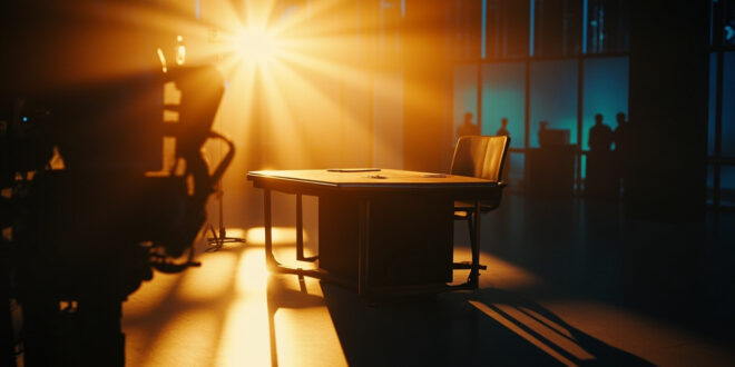Empty news anchor desk in television studio with morning lighting and professional broadcast equipment