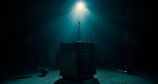 Professional broadcast microphone on empty desk under studio lights in darkened television studio
