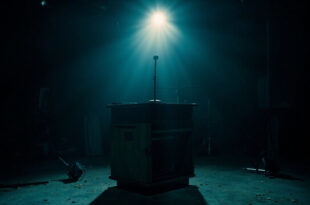 Professional broadcast microphone on empty desk under studio lights in darkened television studio