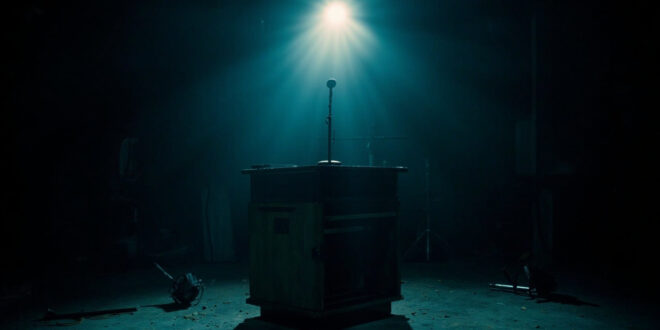 Professional broadcast microphone on empty desk under studio lights in darkened television studio