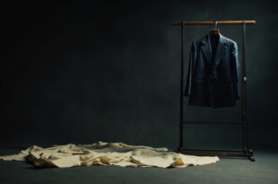Navy blazer on stand in minimalist fashion studio with fabric samples and design sketches scattered on table.
