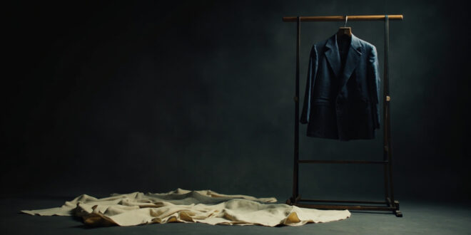 Navy blazer on stand in minimalist fashion studio with fabric samples and design sketches scattered on table.