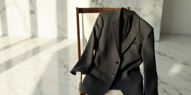 Charcoal gray blazer with soft tailoring draped over marble chair in bright atelier space