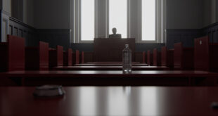 Empty courtroom with judges gavel and water bottle on desk, burgundy and gray tones