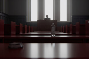 Empty courtroom with judges gavel and water bottle on desk, burgundy and gray tones
