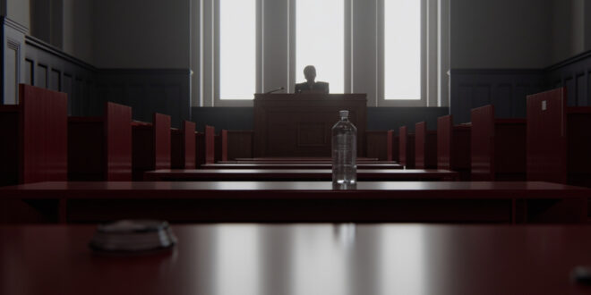 Empty courtroom with judges gavel and water bottle on desk, burgundy and gray tones