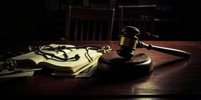 Stethoscope and gavel on wooden desk with legal documents in dimly lit chamber