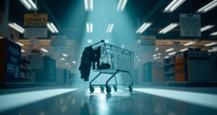 Empty shopping cart in retail store aisle with pet harness and scattered animal care products on shelves.