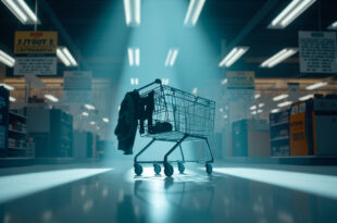 Empty shopping cart in retail store aisle with pet harness and scattered animal care products on shelves.