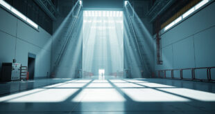 Empty NASA facility corridor with closed security doors and warning lights in sterile industrial setting
