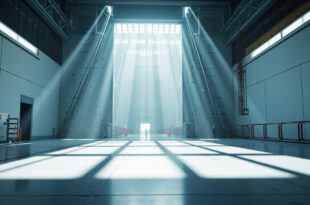 Empty NASA facility corridor with closed security doors and warning lights in sterile industrial setting