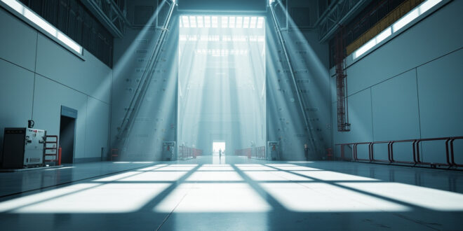 Empty NASA facility corridor with closed security doors and warning lights in sterile industrial setting