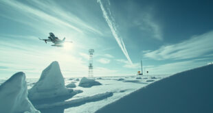 Fighter jet vapor trail crossing arctic landscape with military radar installations and ice formations under dramatic lighting