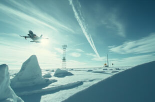 Fighter jet vapor trail crossing arctic landscape with military radar installations and ice formations under dramatic lighting