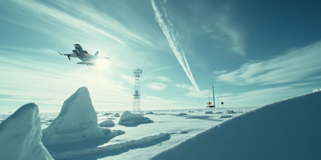 Fighter jet vapor trail crossing arctic landscape with military radar installations and ice formations under dramatic lighting