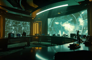 Military command center with multiple glowing tactical screens showing drone flight paths and radar data