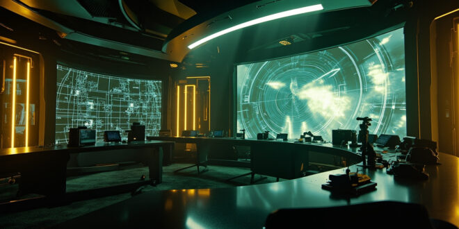 Military command center with multiple glowing tactical screens showing drone flight paths and radar data