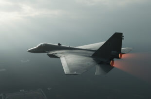 Military fighter jet aircraft positioned in defensive formation against gray cloudy sky over Eastern European terrain