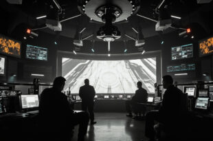 Military radar facility with rotating antenna arrays against stormy sky, monitoring screens displaying flight tracking data.