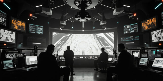 Military radar facility with rotating antenna arrays against stormy sky, monitoring screens displaying flight tracking data.