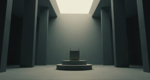 Empty parliamentary podium with microphones in modern government building interior
