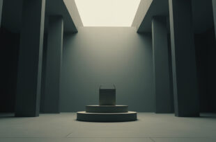 Empty parliamentary podium with microphones in modern government building interior