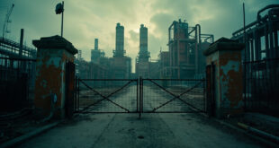 Closed factory gates at chemical manufacturing facility with industrial towers and pipelines in background