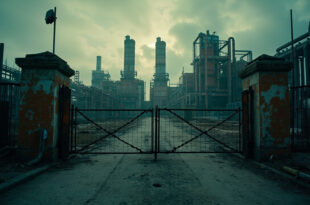 Closed factory gates at chemical manufacturing facility with industrial towers and pipelines in background