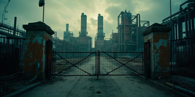 Closed factory gates at chemical manufacturing facility with industrial towers and pipelines in background