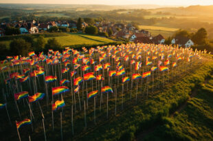 Rainbow flags fluttering on poles across rolling green hills of rural village setting