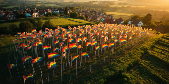 Rainbow flags fluttering on poles across rolling green hills of rural village setting