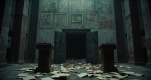 Empty government meeting room with scattered budget documents and economic charts on dark wooden table