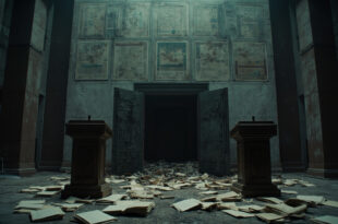 Empty government meeting room with scattered budget documents and economic charts on dark wooden table