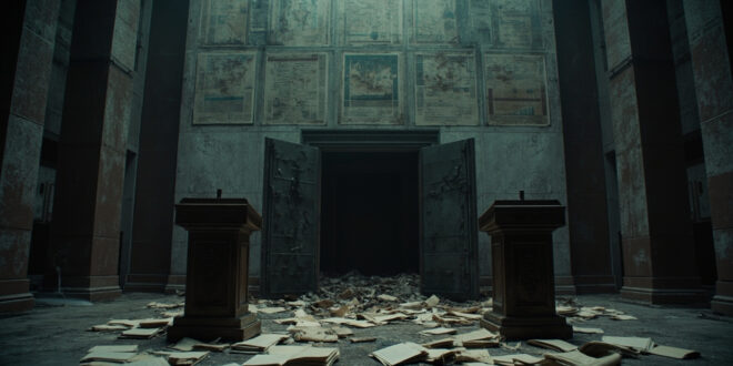 Empty government meeting room with scattered budget documents and economic charts on dark wooden table