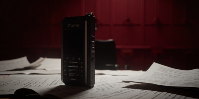 Audio recorder on desk with redacted documents, empty chairs, and official government office setting