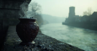 Ceramic urn on stone ledge beside misty river with medieval tower in background